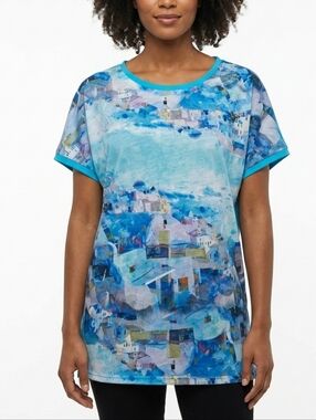 Cabeli Art Design Studio Greece T-Shirt Women's Medium Blue Santorini Landscape